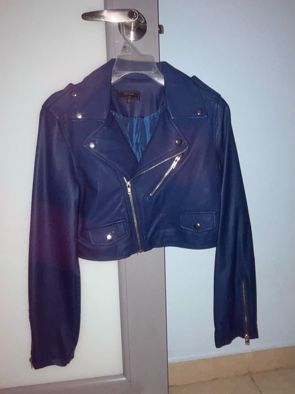 Chocolate Navy Cropped Leather Moto Jacket